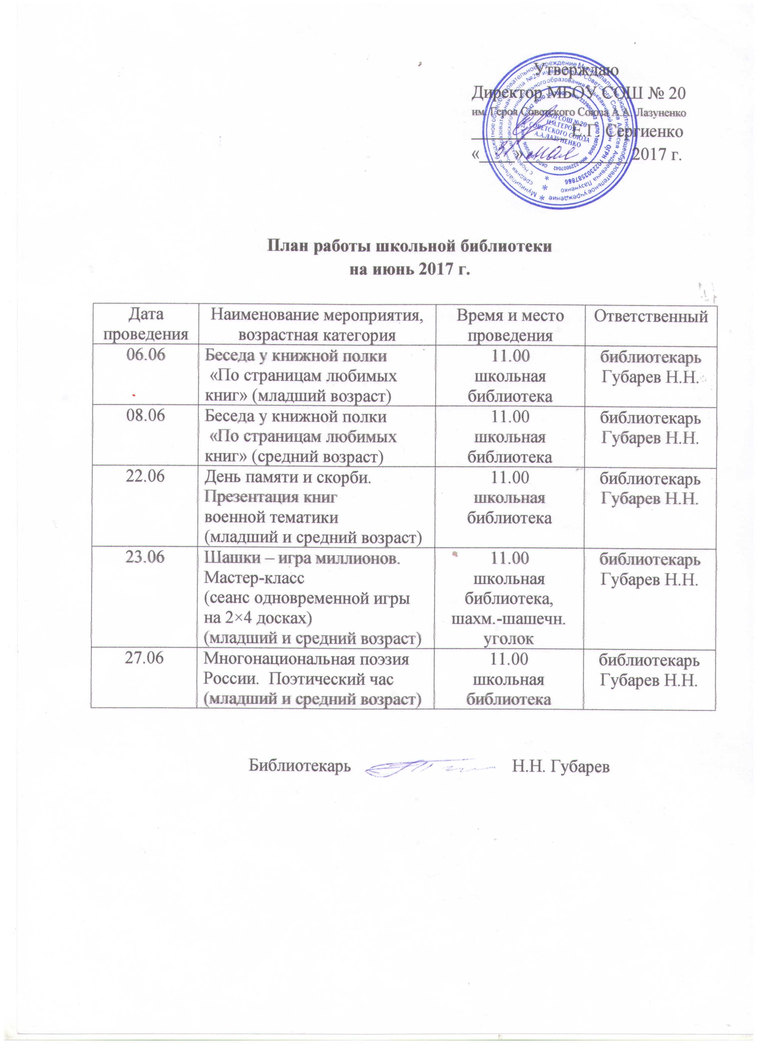 План на год работы школьной библиотеки на